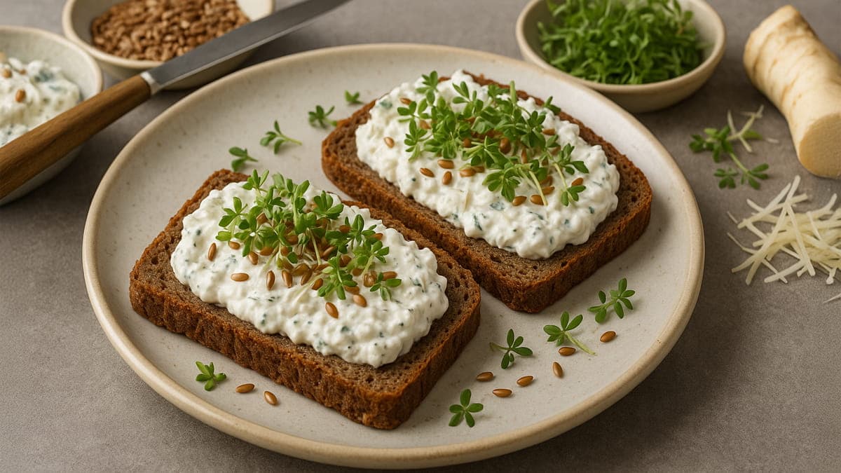 Vollkornbrot mit Quark und Kresse