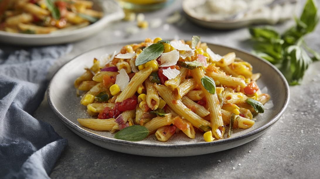 Penne mit Mais-Tomaten-Sugo