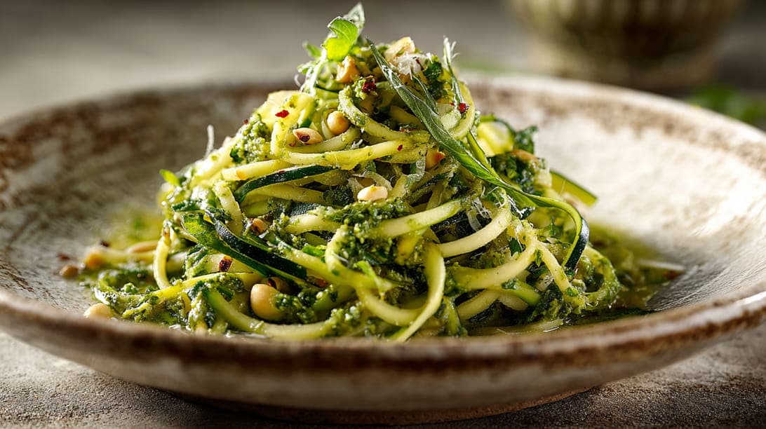 Zucchini-Spaghetti mit Macadamiapesto