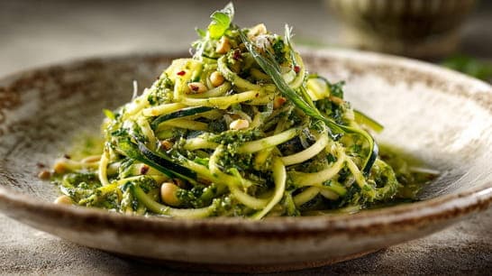 Zucchini-Spaghetti mit Macadamiapesto