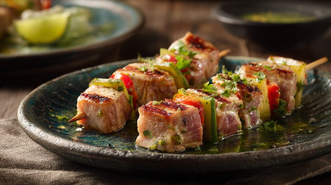 Thunfisch-Spieße mit Limetten-Koriander-Dressing