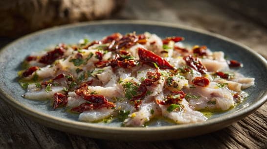 Carpaccio vom Schwertfisch mit Paprikaschoten und Tomaten