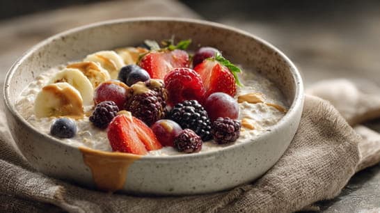 Frühstücksporridge mit Mandelmus und Früchten