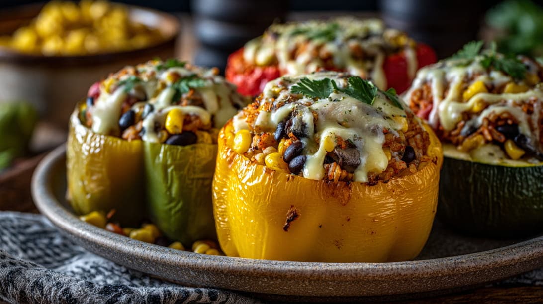 Gefüllte Paprika mit Reis und Gemüse dazu Käsesoße