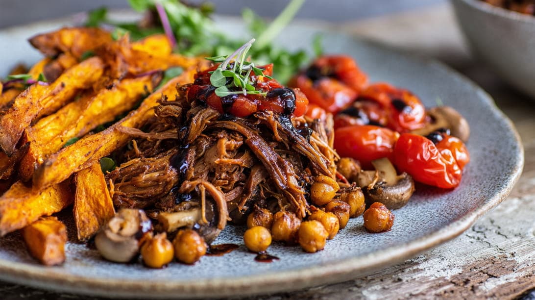 Pulled Jackfruit mit Süßkartoffelpommes