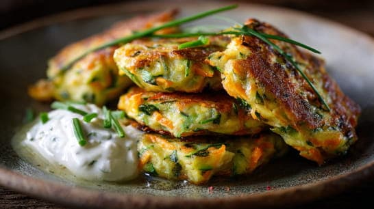 Zucchini-Karotten-Bratlinge mit Kräuterquark