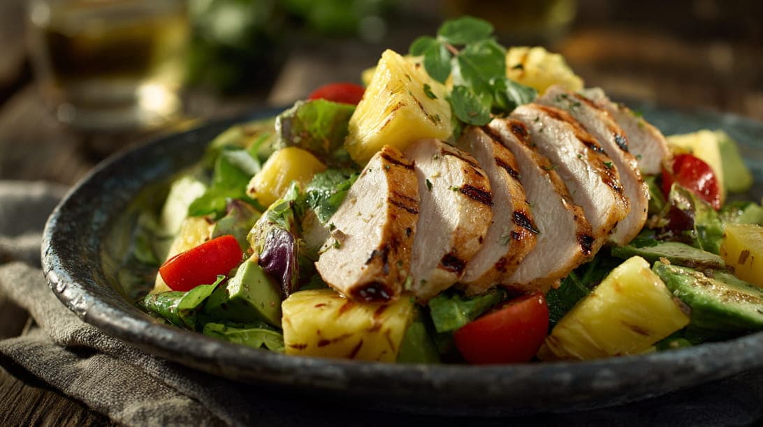 Wildkräutersalat mit Hähnchenbrust und Ananas
