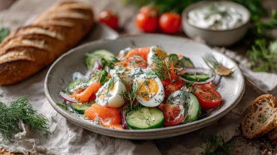 Salat mit Eiern und Lachs