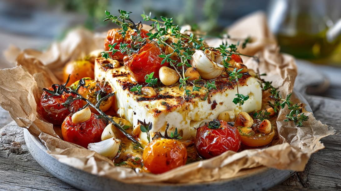 Mediterraner Feta in Backpapier gegrillt