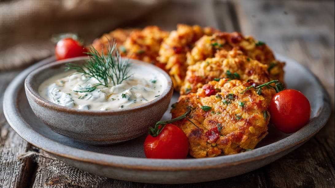 Bratlinge mit Kräuter-Dip und Tomaten