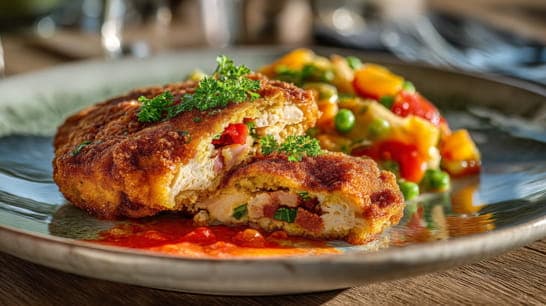 Schnitzeltasche auf Gemüsereis